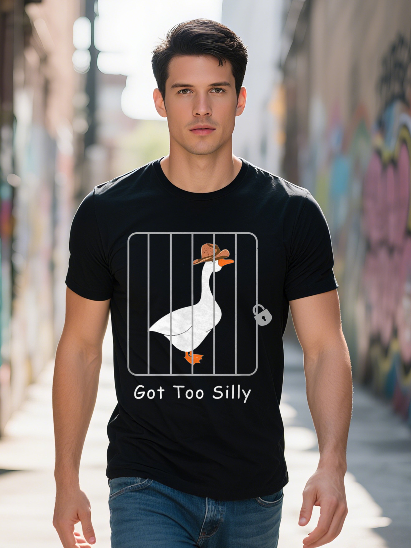 Funny Got Too Silly Goose Mugshot Tee Cotton Casual Round Neck Short Sleeve Shirt for Men