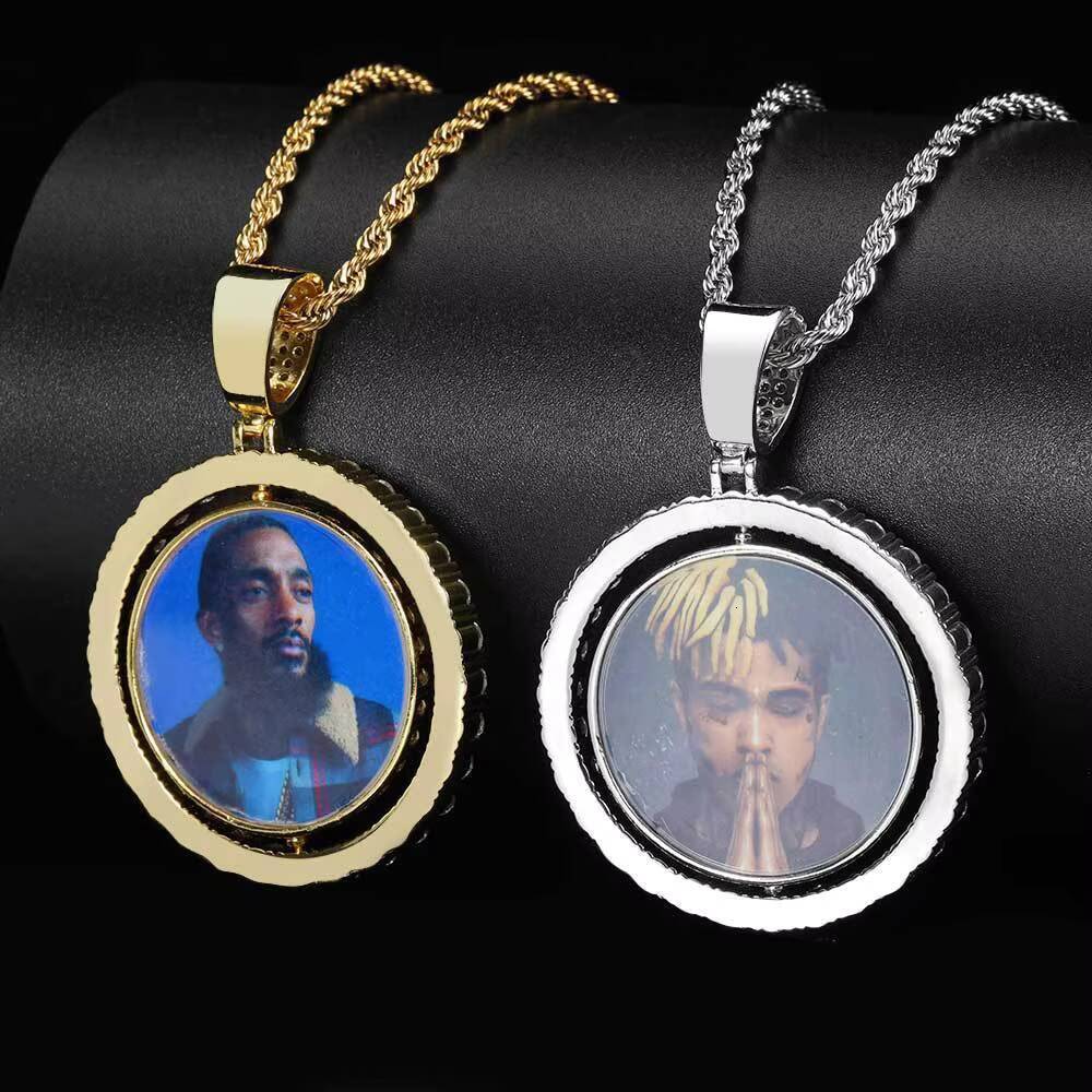 Fashion Hip Hop Memory Brass Zircon Rotatable Double Sided Circular Photo Pendant