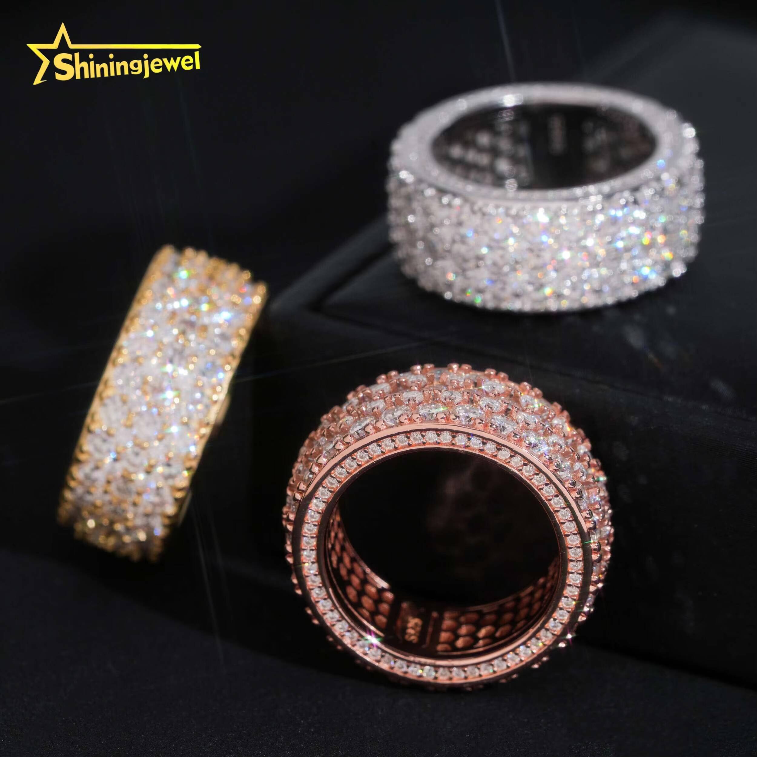 Luxury 3Rows Round Cut Diamond Fully Iced Out Band Ring VVS Moissanite Hop Jewelry 925 Sliver Gold Plated Mens Rings