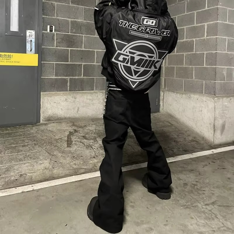 MIJKO RO Style Ribbons slightly Stretch Baggy Flared Jeans for Men High Street Black Color Boom Cut Oversized Casual Denim Trousers