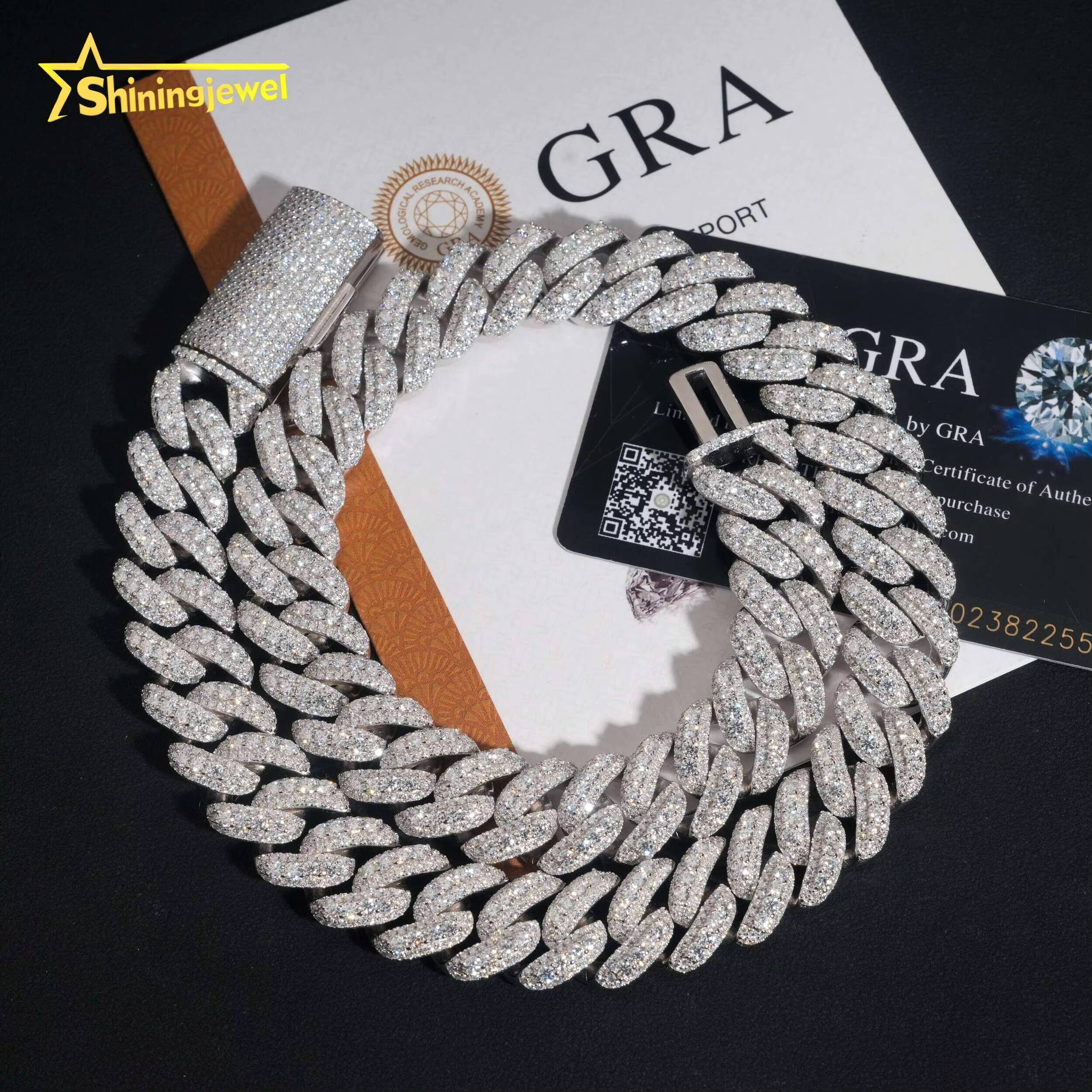 Rise Iced Out Moissanite 16mm Cuban Link Chain S925 Gold Plated Pass Diamond Test VVS Moissanite Diamond Hip Hop Chain
