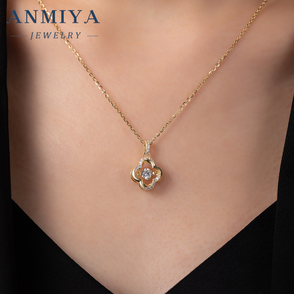 Custom 925 Sterling Silver 18K Gold Plated Cubic Zirconia CZ Pearl Four-Leaf Clover Hollow Out Necklace for Women Fashion Jewelry