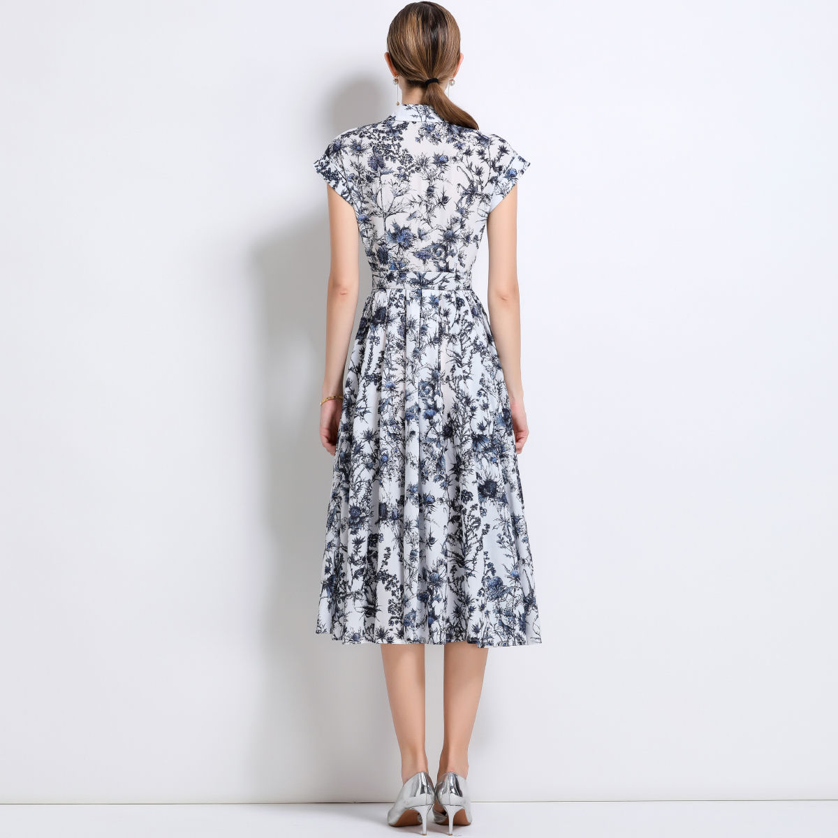 Korean chic single breasted shirt long skirt fashion celebrity temperament lapel waist halo print a line dress