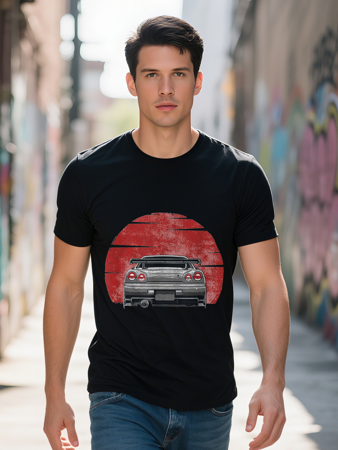 Men S Casual Cotton T Shirt Japanese Inspired Car Sun Graphic Crew Neck Short Sleeve Regular Fit Knit Fabric