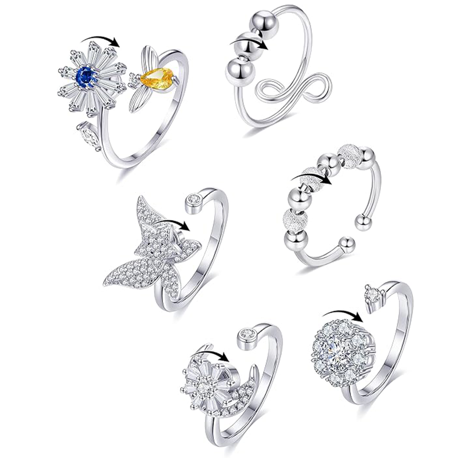 6Pcs Fidget Anxiety Spinner Ring Adjustable Open Ring Cubic Zirconia Sunflower Windmill Butterfly Moon Bead Stress Relief Stackable Rings for Women Si