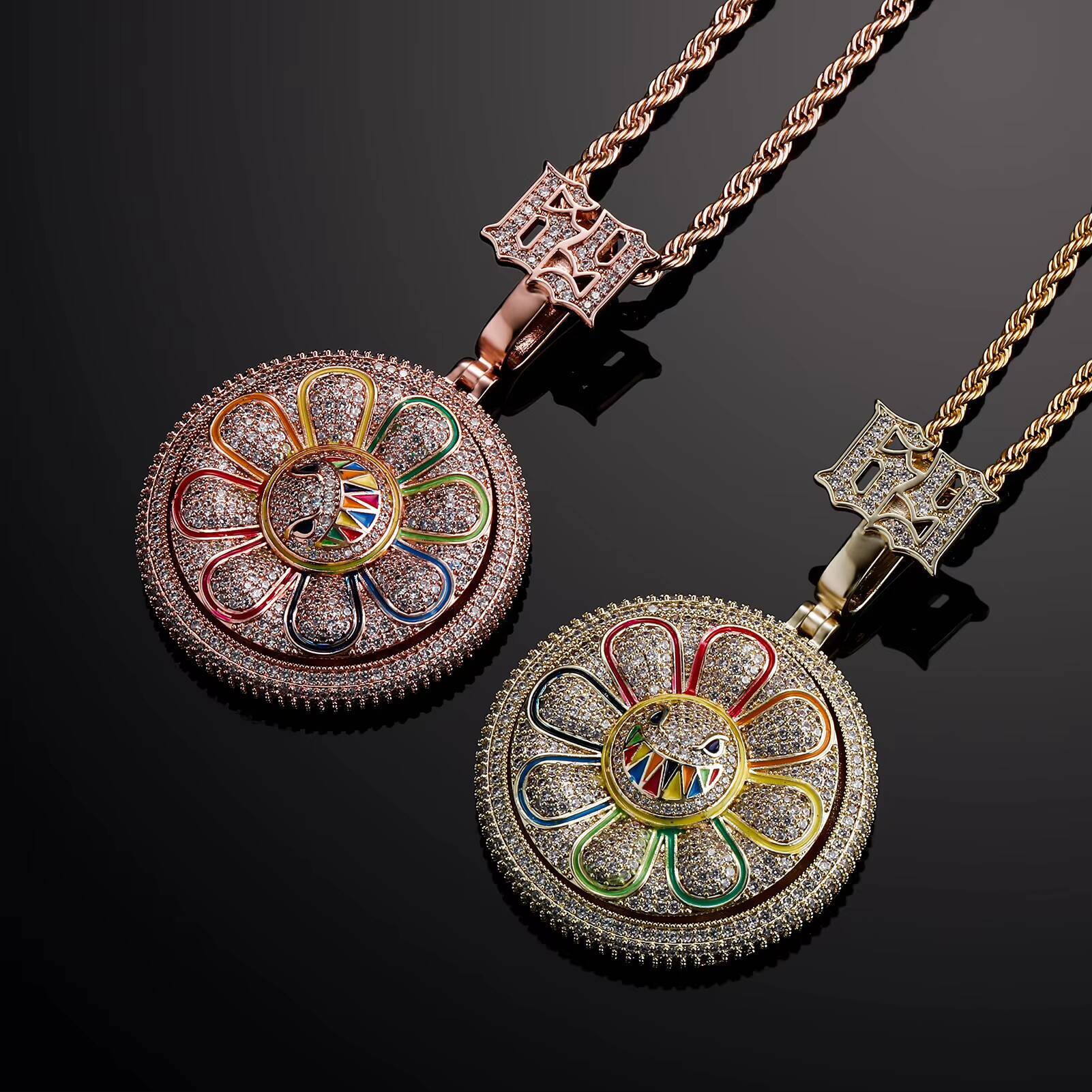 Wholesale Flower Pendant Colorful Zircon 14K Gold Plated Brass Pendant