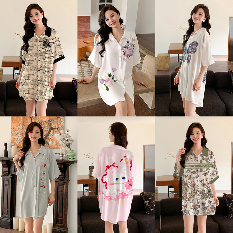 Outfits For Woman New style ice silk cardigan with turned-up collar nightgown for women loose silk home clothes