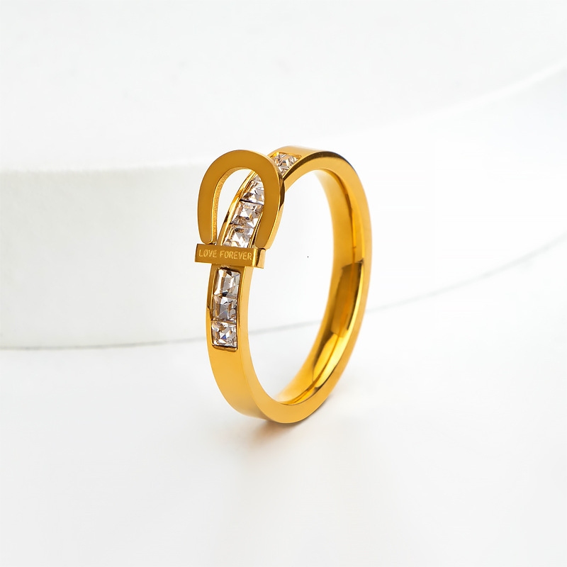Rose Gold Tone Stainless Steel Open Band Ring with Diamond Embellishment, Preppy Style Korean Couple Engagement Ring