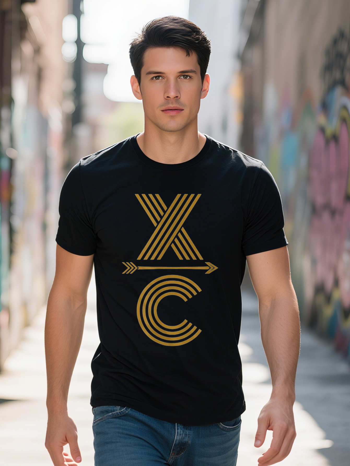 Men's Cotton T-Shirt XC Trail Running Design - Round Neck, Short Sleeve, Machine Washable, All-Season Clothing, Modern Casual Style Durable Print