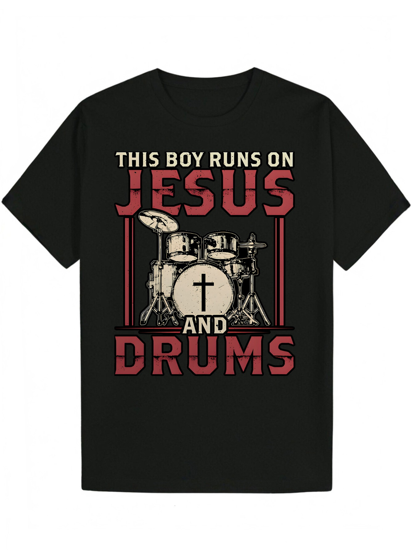 Men's Black Graphic T-Shirt - "This Boys on Jesus&Drums" Eye-catching Letter Print, 100% Polyester Lightweight 180gsm, Crew Neck Casual