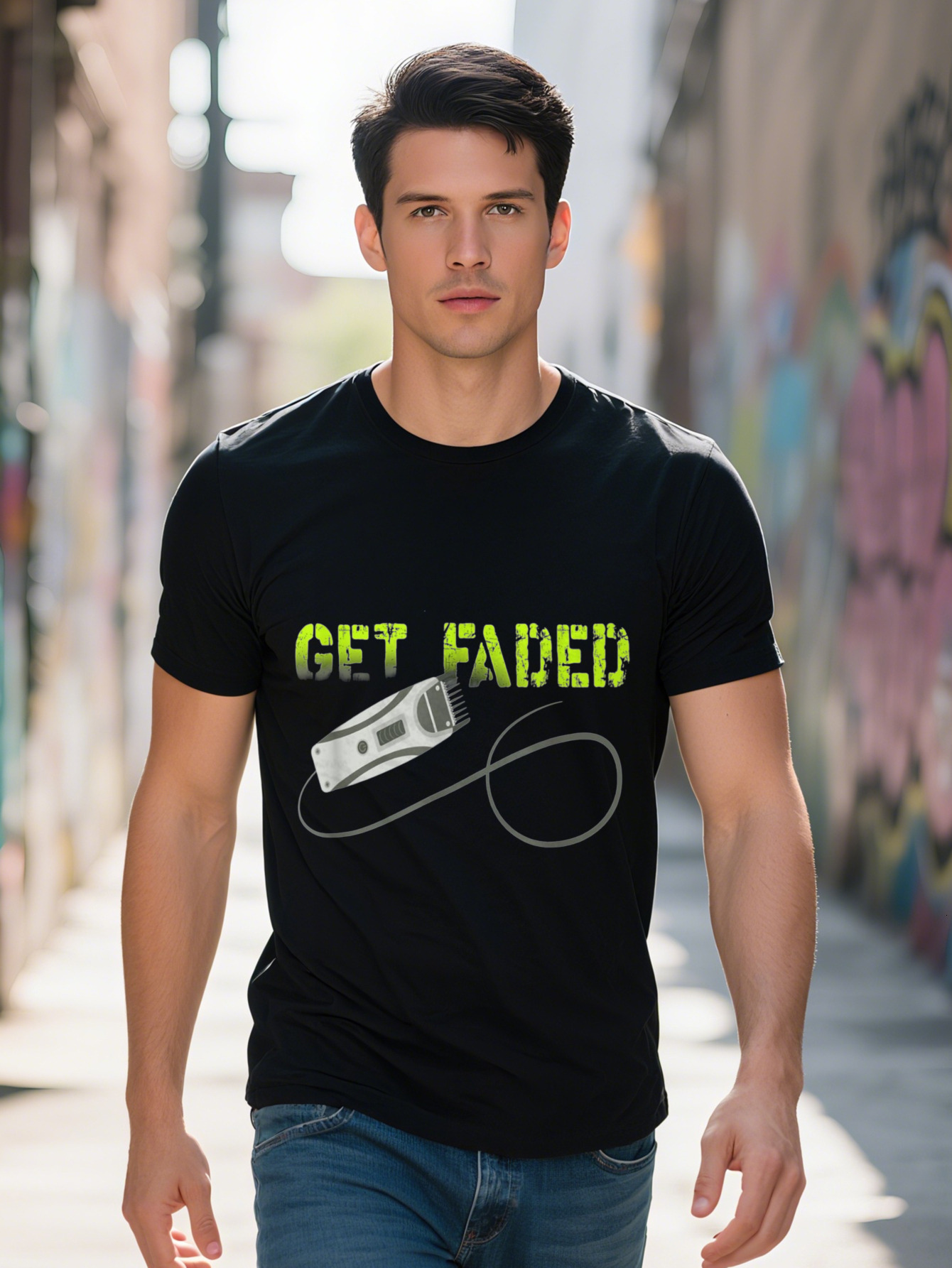 Men s g Cotton T Shirt Distressed Vintage Get Faded Barber Graphic Tee with Camo Clippers Design Regular Fit