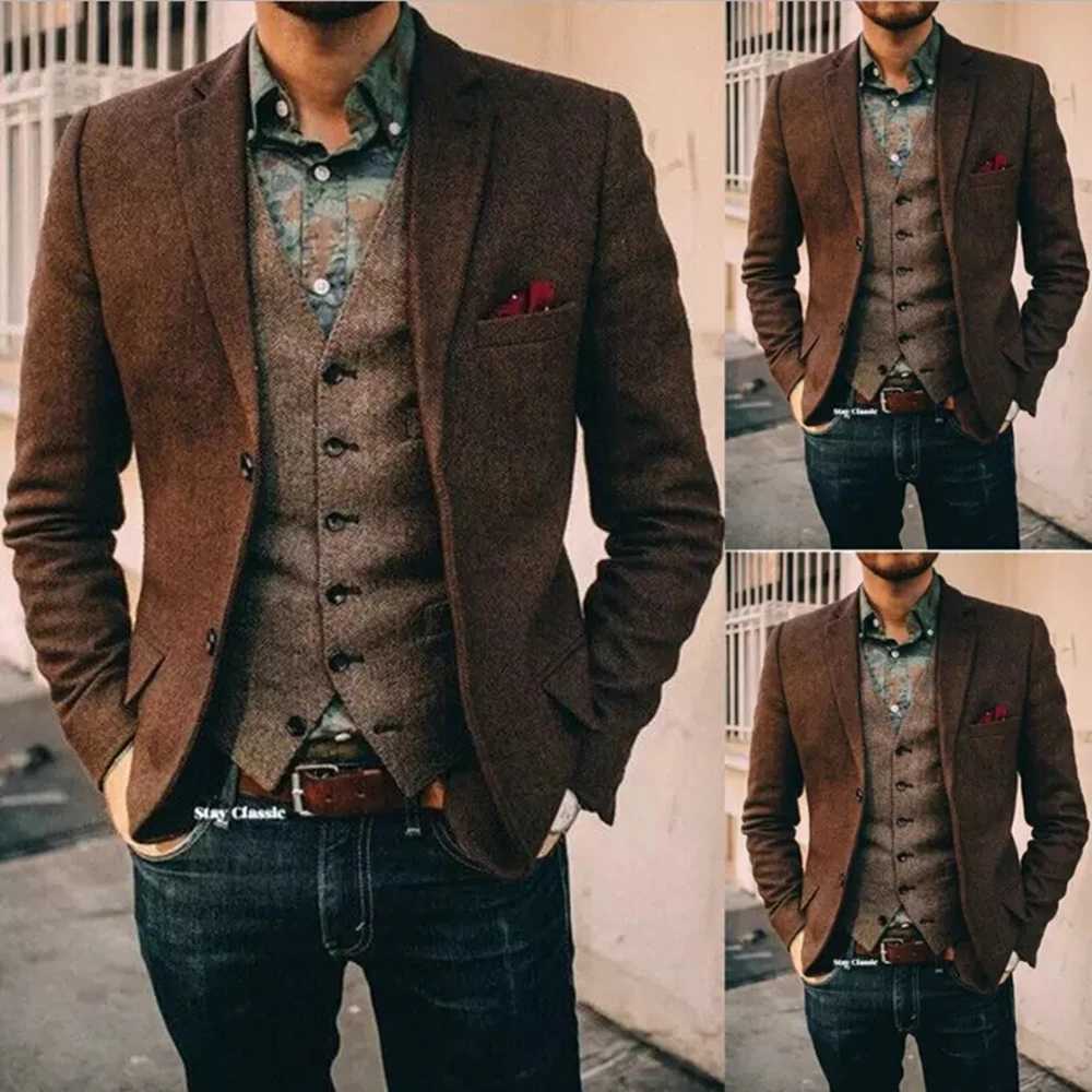 Mens Suit Brown Herringbone Blazer Prom Tuxedos Wool Tweed Single Breasted Two Buttons Business/Wedding Jacket Z250802