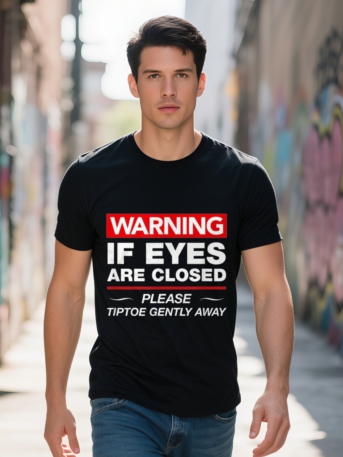 Men s g Cotton T Shirt Funny Warning If Eyes Closed Tiptoe Gently Away Graphic Print Black Short Sleeve Tee