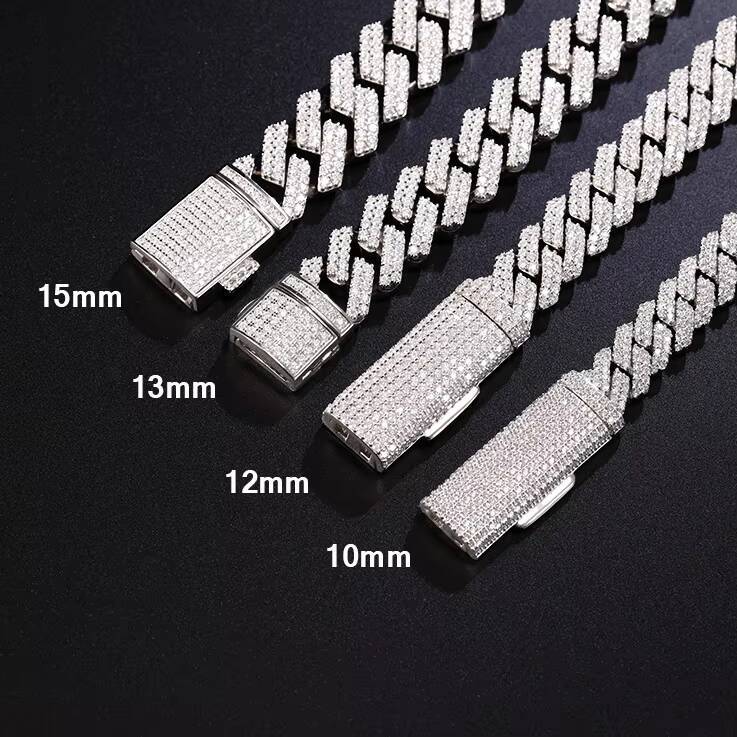Hip Hop Clasp 8/10/13/15mm 2rows Pass Diamond test Moissanite Cuban Link Chains 925 Sterling Silver Iced Out Chains Bracelet