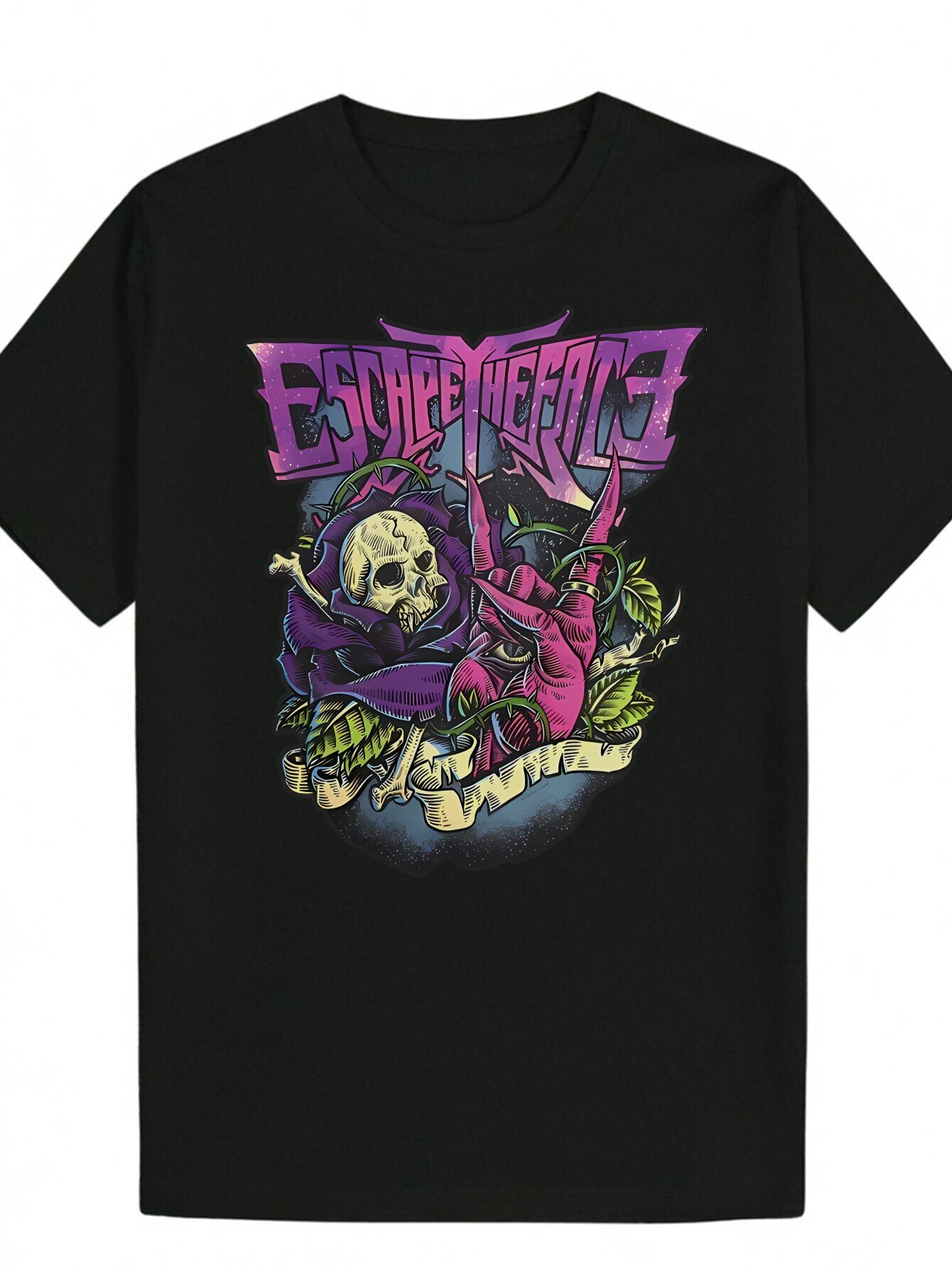 Men's Summer Casual Pattern T-Shirt - Black Edge Skull "Escape from Reality" Print, 100% Polyester Crew Neck T-Shirt, Machine Washable,