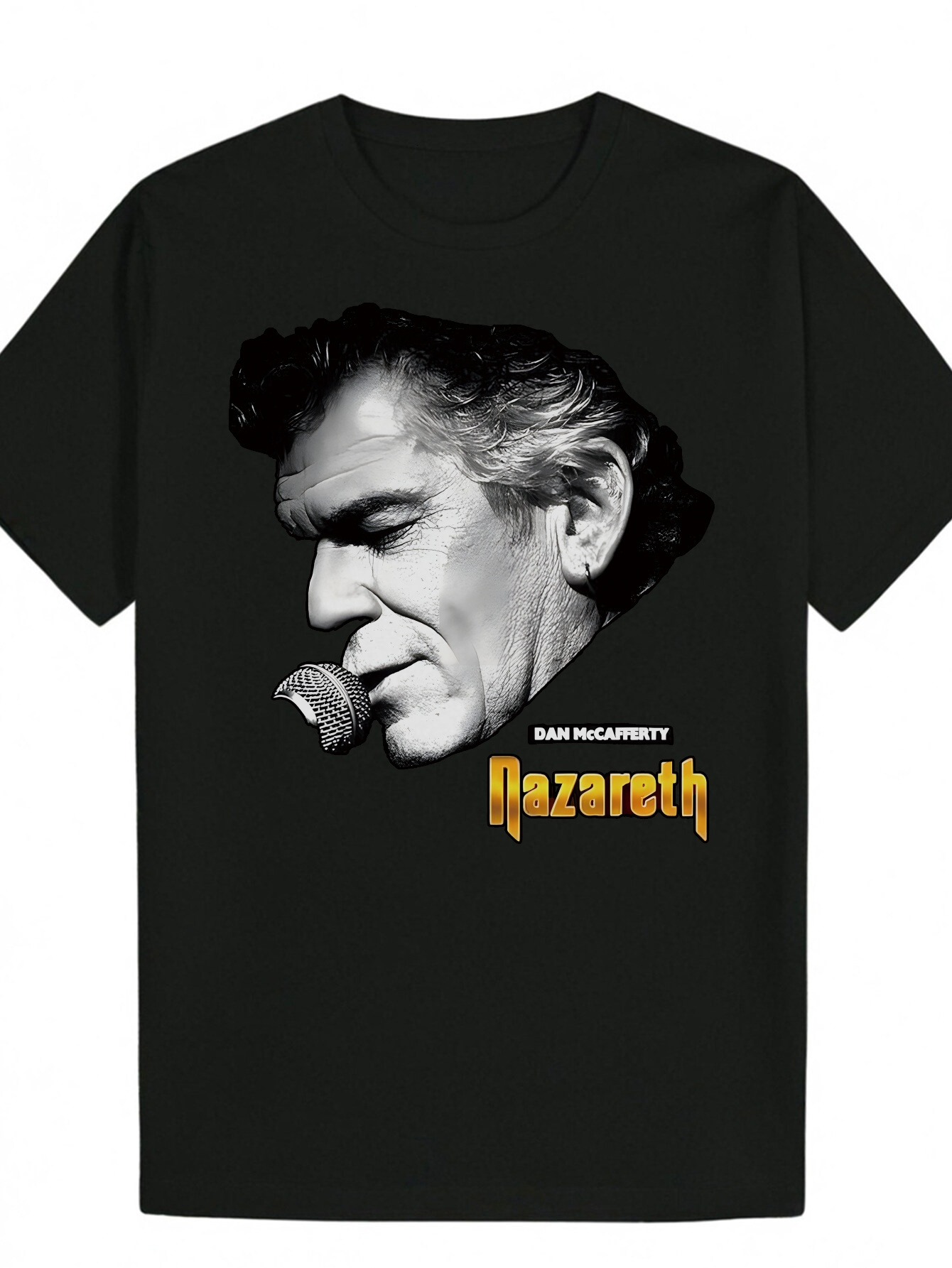 Men's Black Pattern Singer Portrait with NEZARETH Text Breathable Polyester T-Shirt for Concerts, Casual Wear - Machine Washable Crew Neck Music 