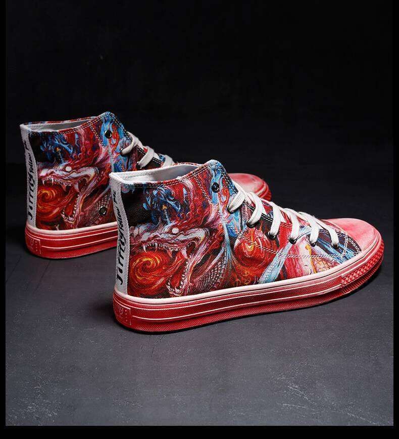 Dragon Nine Sons High Street Men's Sneakers with Calligraphy Artwork - Dragon Boat Festival Inspired Canvas Shoes