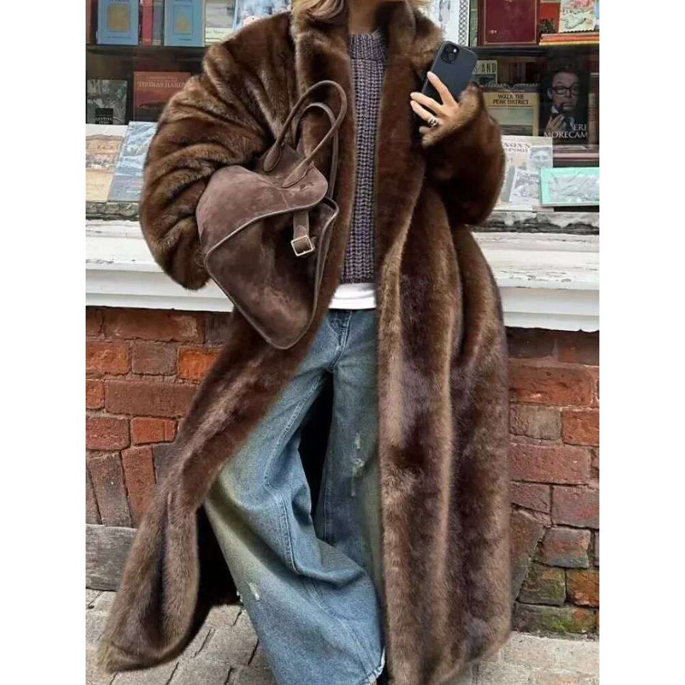 Plush Lapel Collar Trend Oversized Faux Fur Coat Full Sleeves Warm Loose Jacket New Winter Elegant Long Overcoats 2025