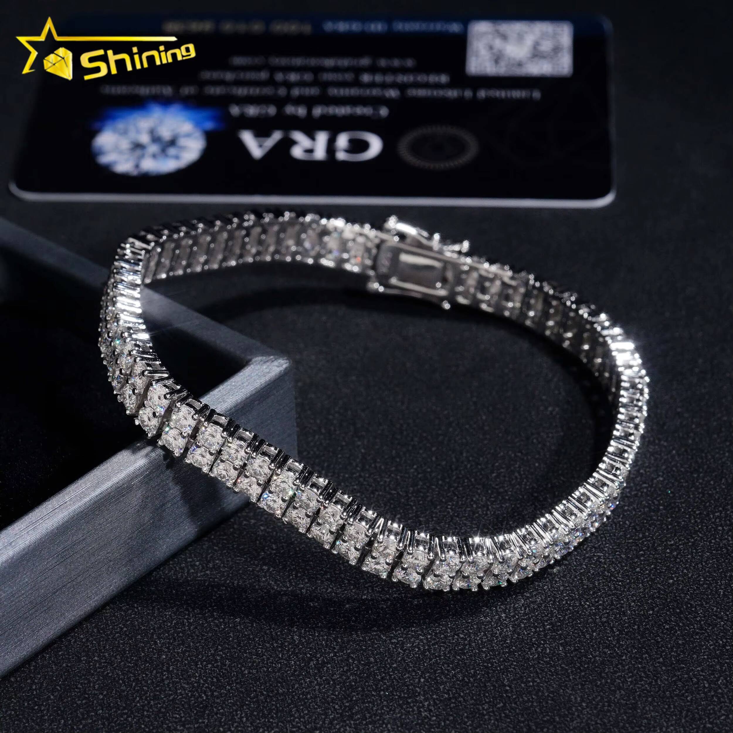 Hip Hop High Quality One Row Double Row Silver Men VVS Moissanite Tennis Chain Bracelet