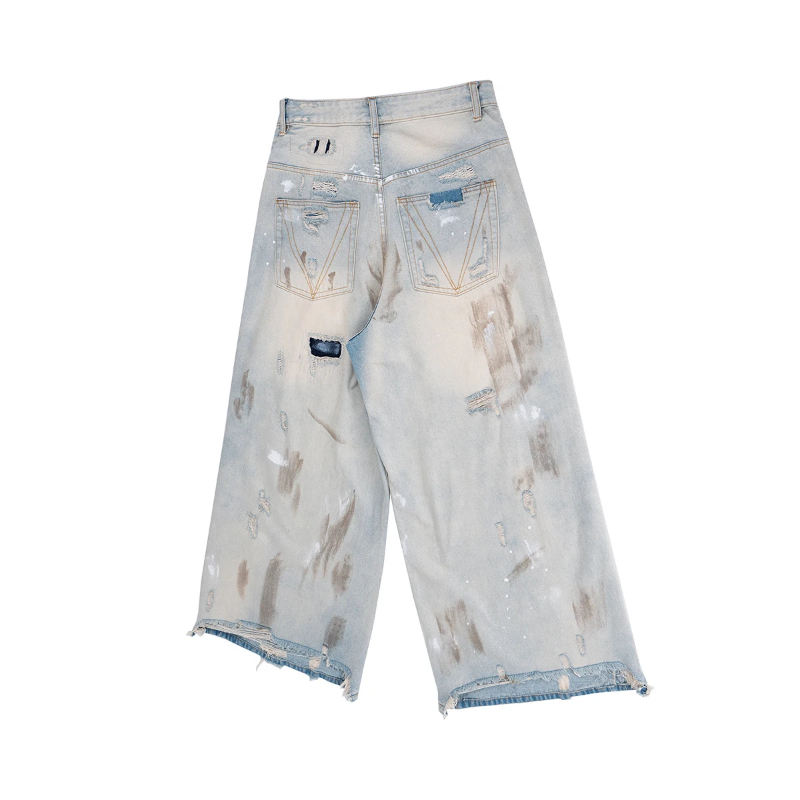 MIJKO Distressed Hole Ripped Mud Dyed Silhouette Baggy Jeans for Men Wide Leg Harajuku Loose Denim Trousers Oversized Casual Cargos