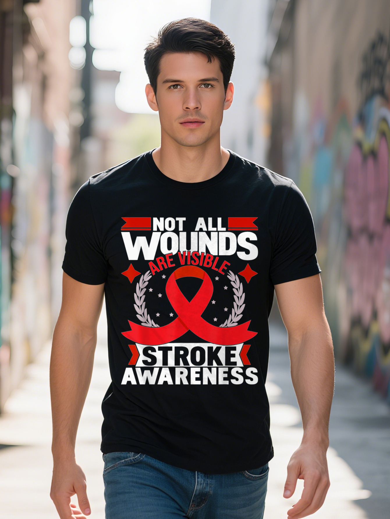 Awareness Not Al Wunds Are Visible Men s T Shirt Cotton Casual Black with Red Ribbon Graphic hine Washable