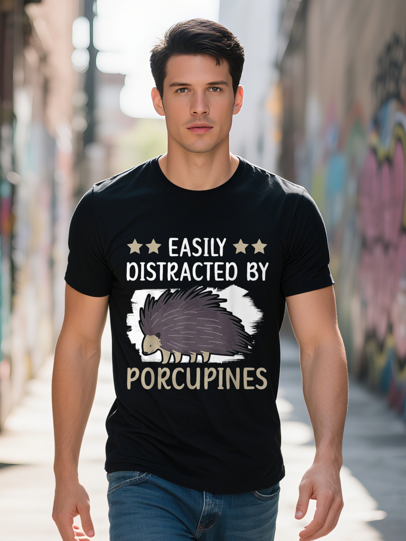 Men s Short Sleeve T Shirt g Cotton Regular Fit Easily Distracted by Porcupines Text Black with White Stars