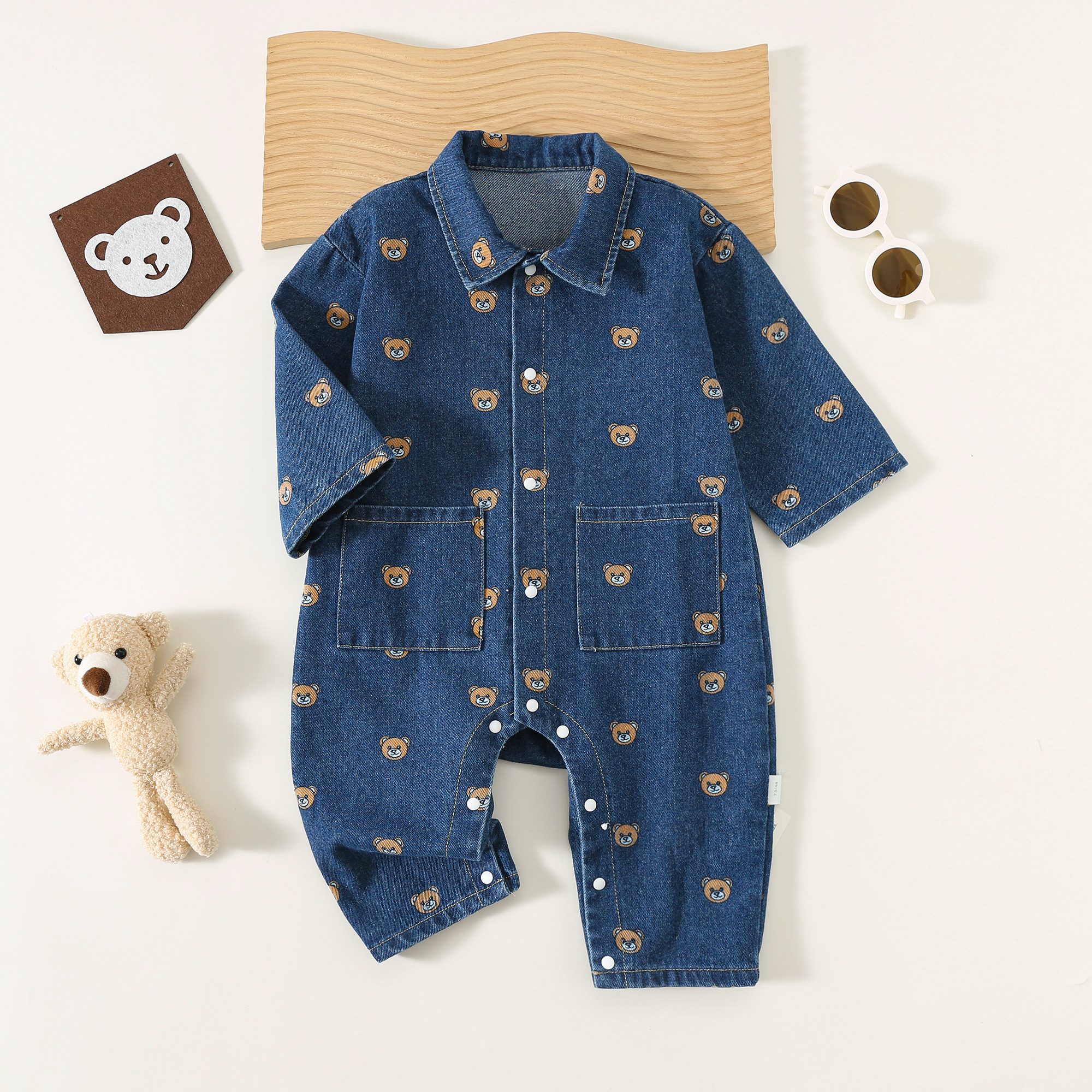 Baby Cowboy jumpsuit Spring and Autumn thin outerwear for boys and girls, with a slightly elastic long sleeved crawling suit that can be opened with a