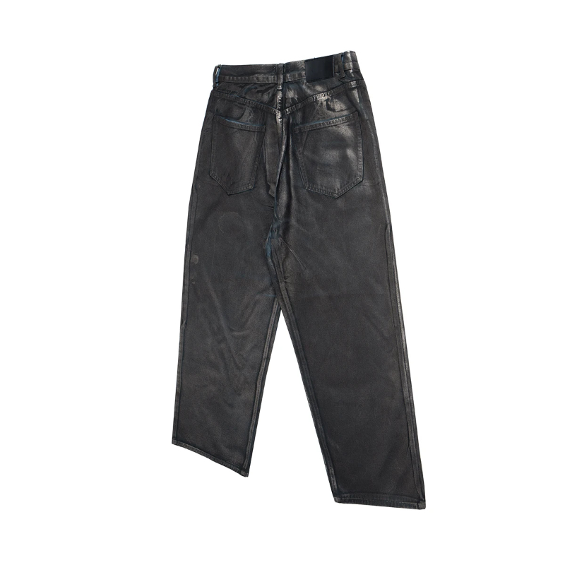 MIJKO Vintage Distressed Wax Coated Washed Baggy Jeans for Men and Women Black Casual Cargo Pants Oversized Ripped Denim Trousers