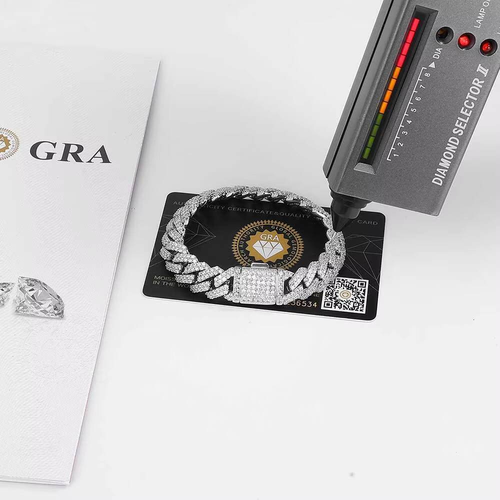 NUOYA Hiphop Hight Quality VVS Moissanite Prong Cuban Link Chain Necklace 12mm 925 Silver Cuban Chain Men Jewelry