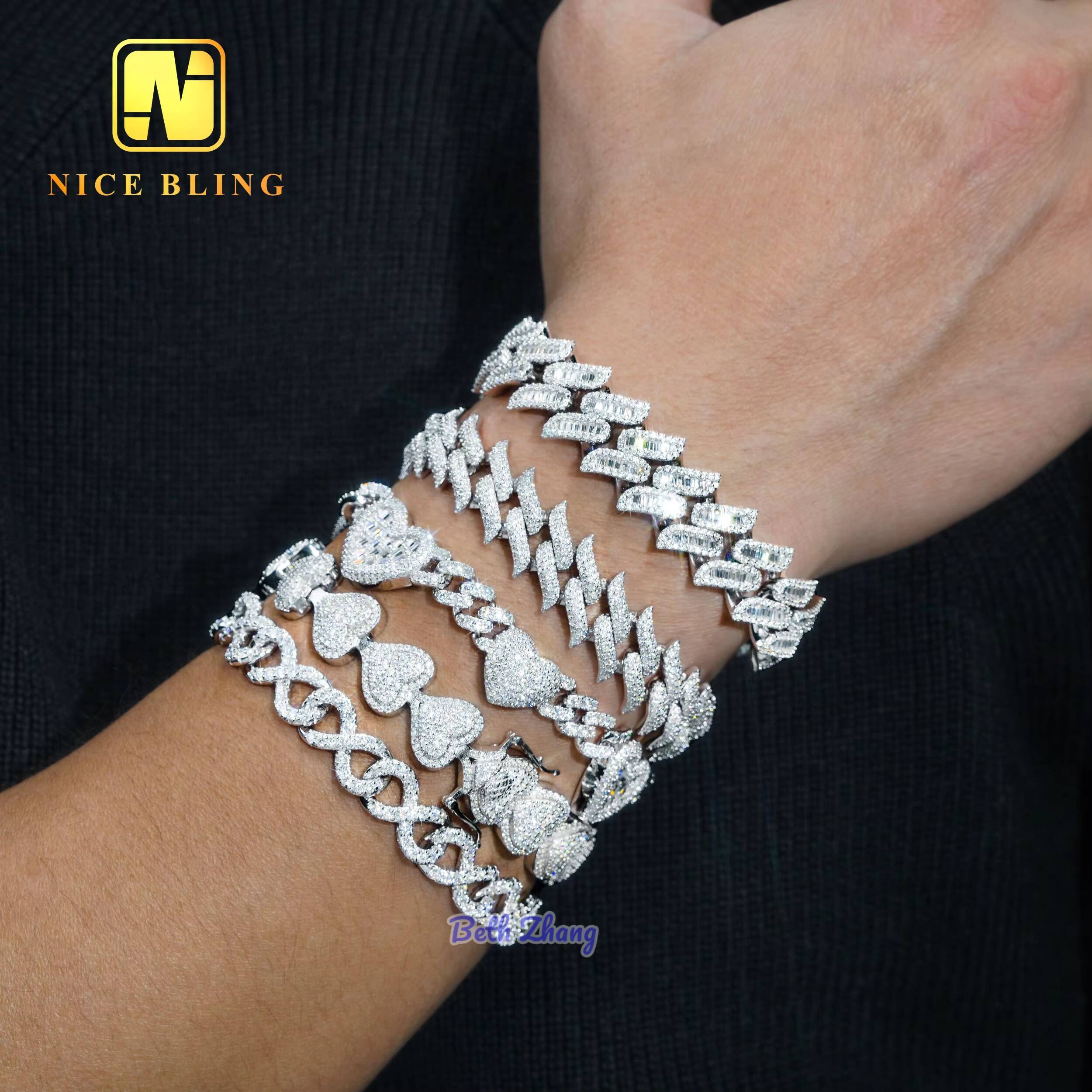 6mm 13mm 15mm Fashon Cuban Bracelets Iced Out Miami Cuban Link 925 Silver Moissanite Diamond Cuban Link Bracelets