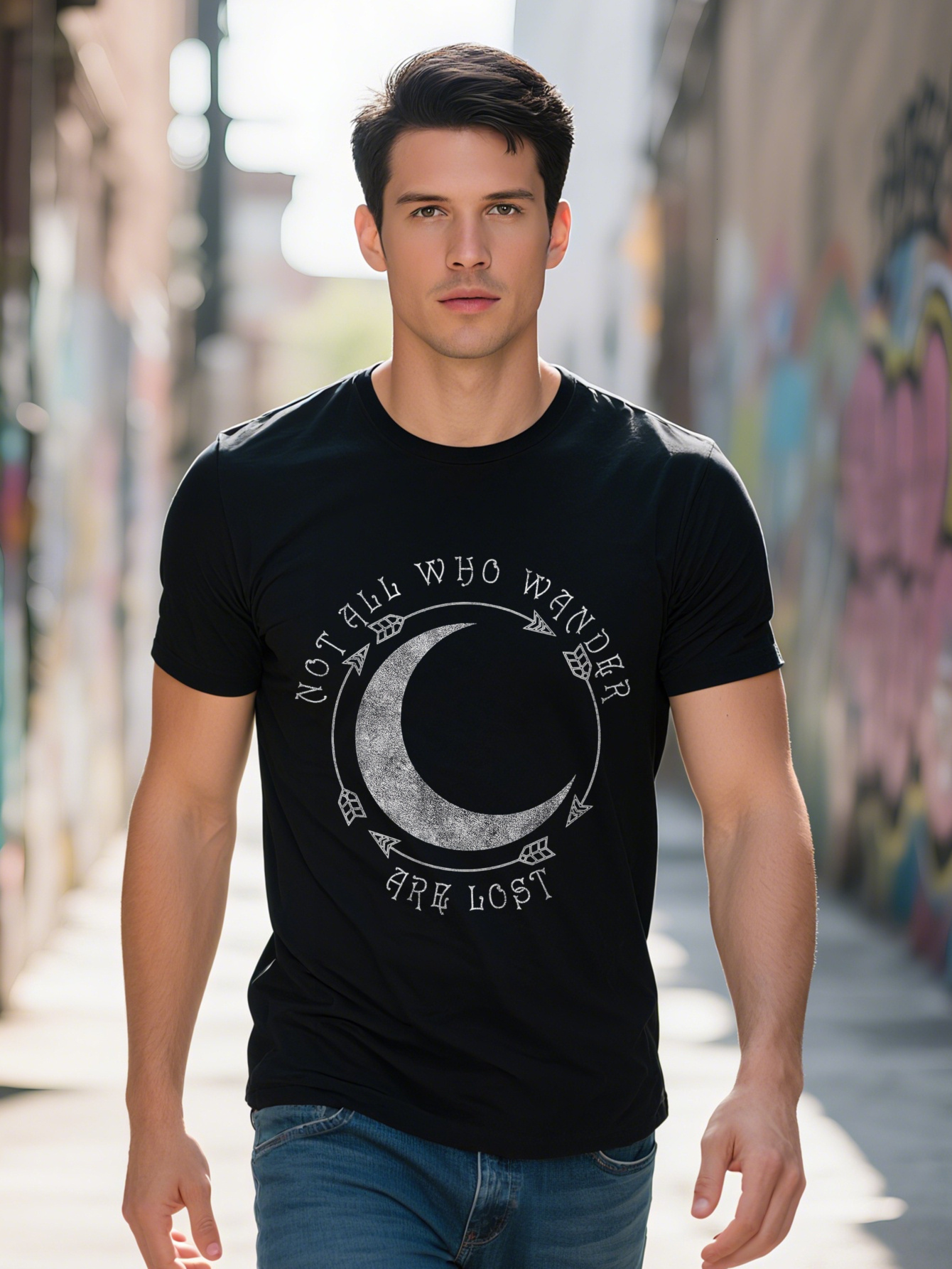 Not All Who Wander Are Lost Moon Arrow Boho Graphic T-Shirt - 220G