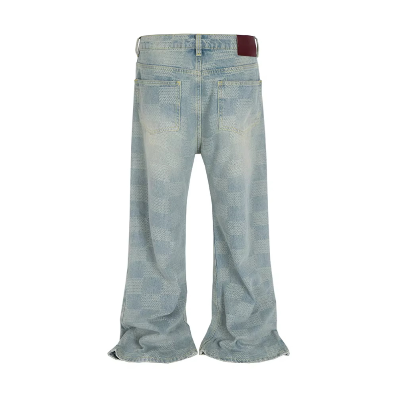 MIJKO High Street Checkered Micro Flared Jeans for Men Patchwork Straight Loose Boot Cut Oversized Casual Baggy Denim Trousers