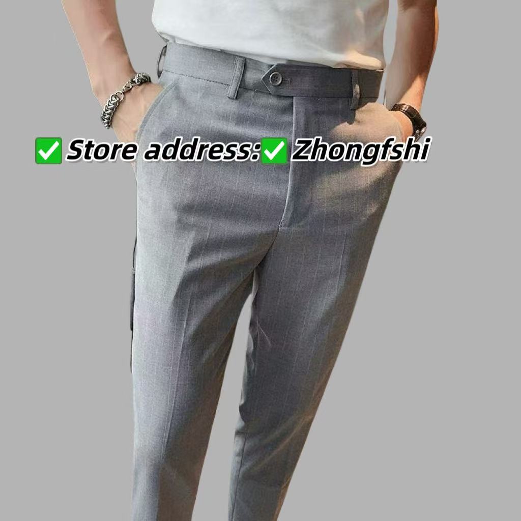 Men's Casual High-Quality Suit Pants - Summer Lightweight, British Style, Slim Tapered Legs, Vertical Stripes, Drapey Business Ankle-Length Trousers