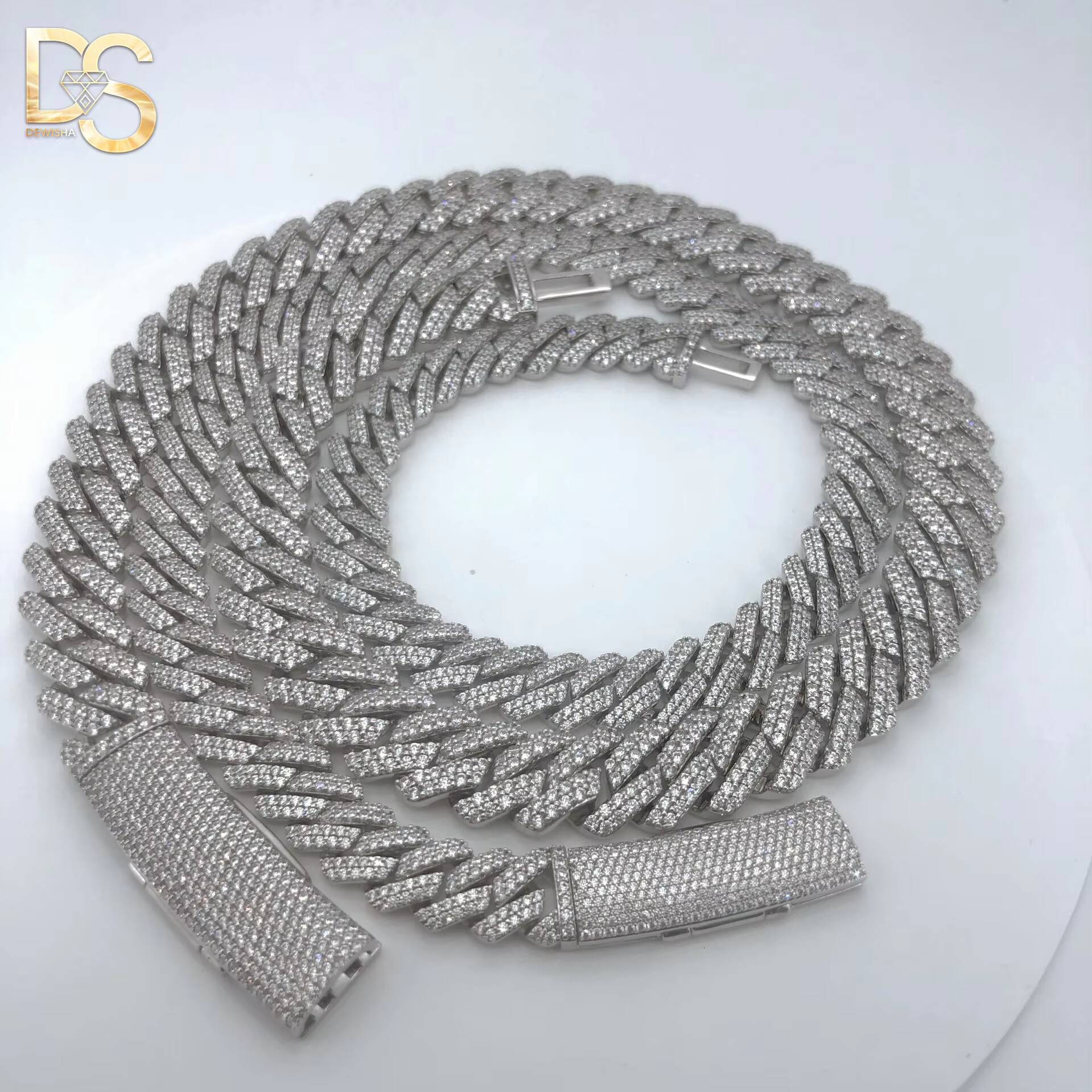 Factory Wholesale Hip Hop Fashion 12mm Width S925 Sterling Silver Plated Moissanite Cuban Chain Necklace