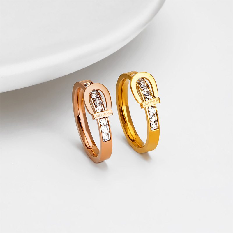 Rose Gold Tone Stainless Steel Open Band Ring with Diamond Embellishment, Preppy Style Korean Couple Engagement Ring