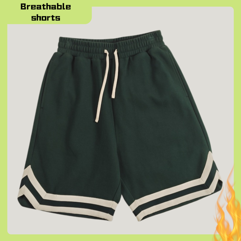Men's Solid Color Striped Shorts with Elastic Waistband and Drawstring Pockets Can be customized