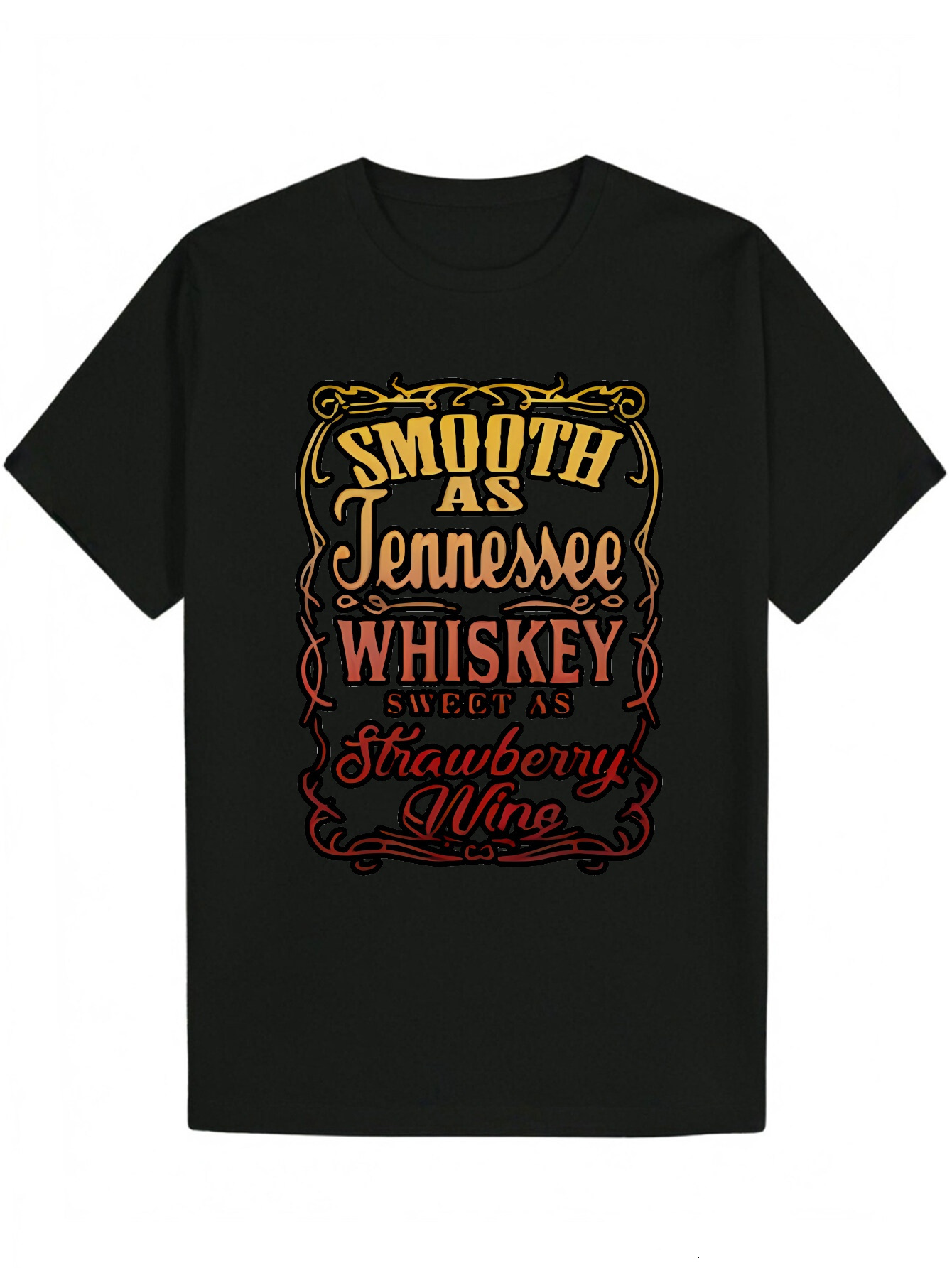 Men's Summer Casual Short Sleeve T-Shirt - Black with Bright Orange/Yellow "Smooth Like Tennessee Whiskey" Pattern Print, Breathable Po