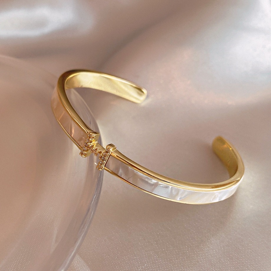 Free Shipping Gold Tone Letter Shaped Bangle Bracelet With Accents Stylish Birthday Jewelry Gift For Her High Quality And Chic Accessory