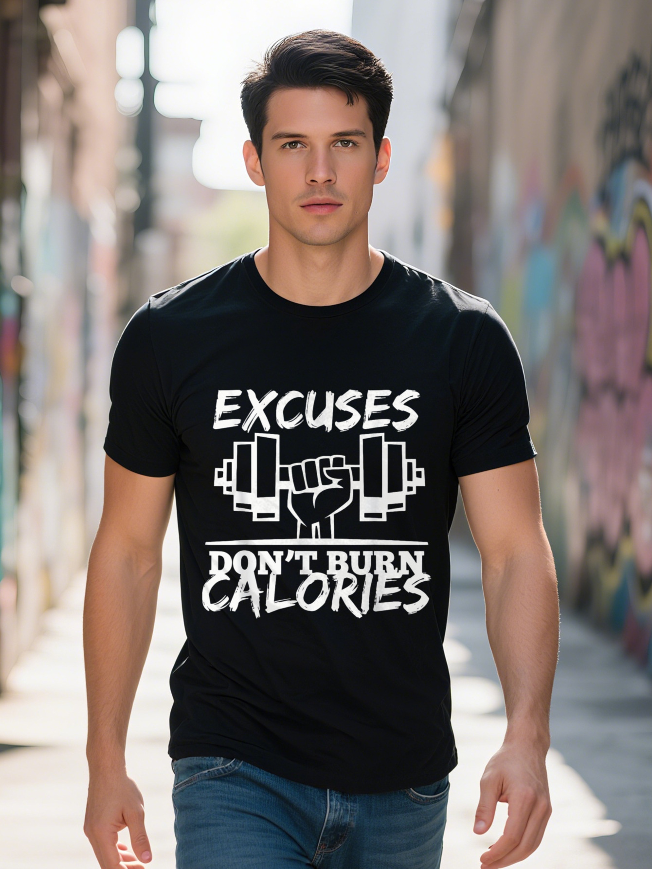 Men s Funny T Shirt Excuses Don't Burn Calories Design Black with White Text Dumbbell Graphic Casual Fitness