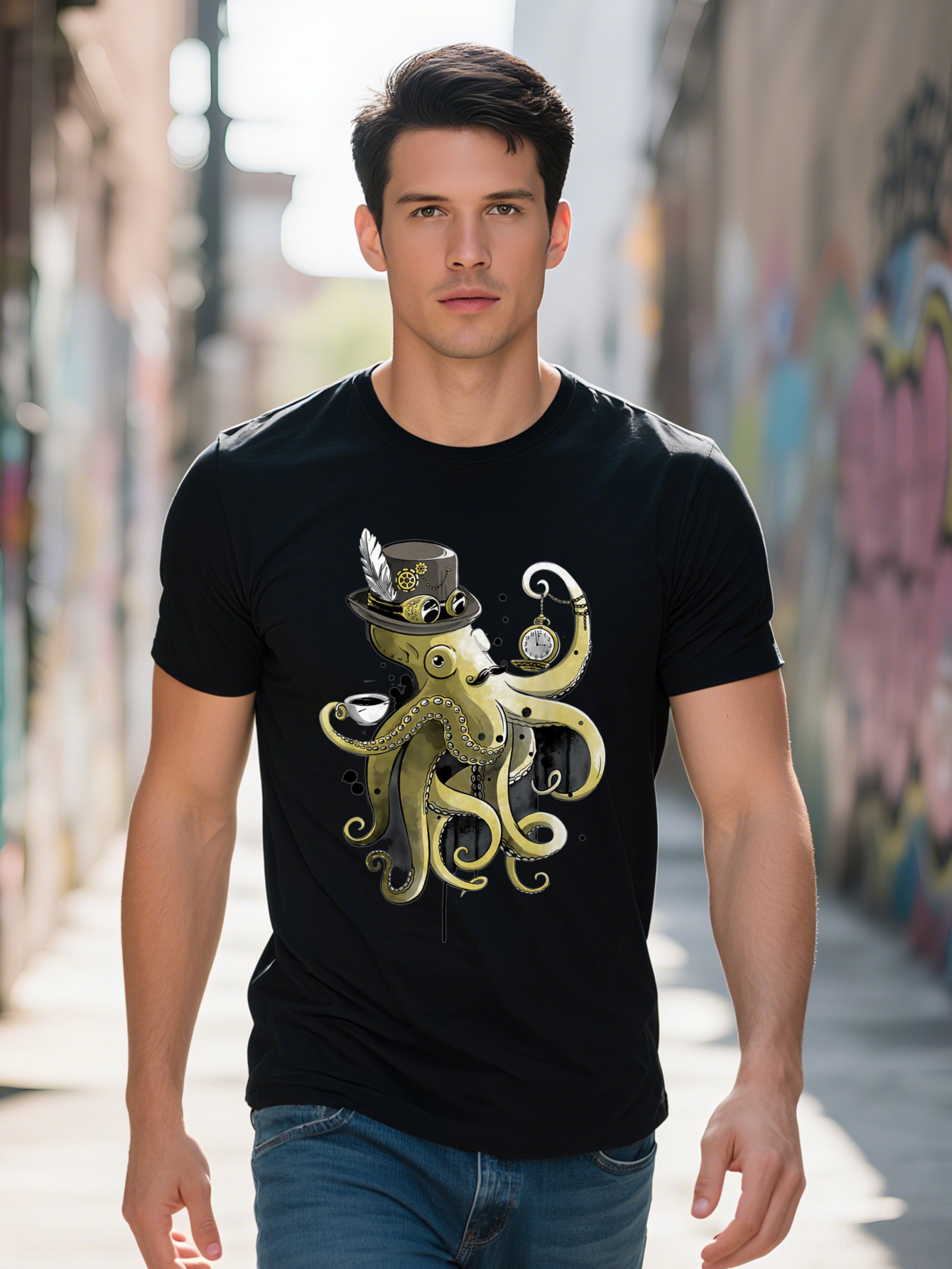 Steampunk Coffee Watercolor Painting, Funny Octopus krakenns's T-shirt-220G