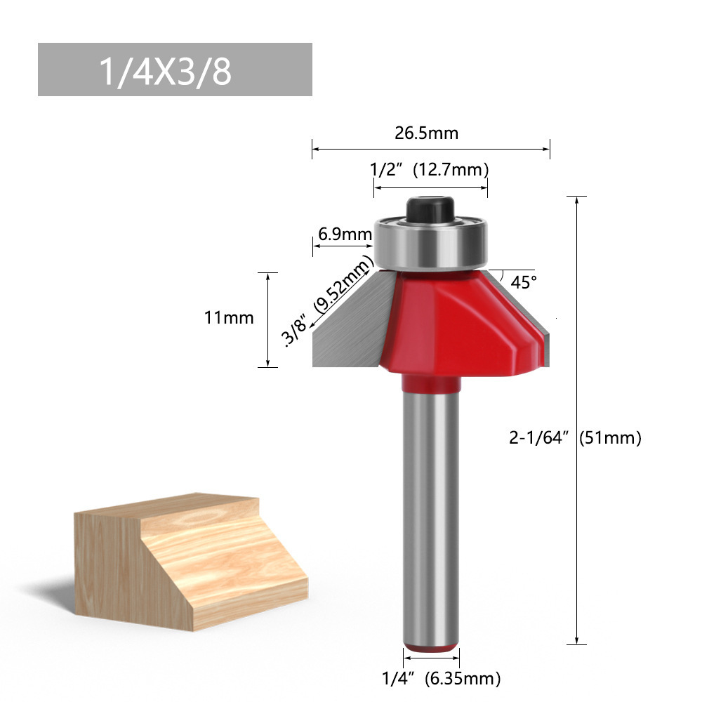 Red 45-Degree Bevel 1/4 6 Shank Half Round Relief Trimming hine Head Woodworking Milling Cutter