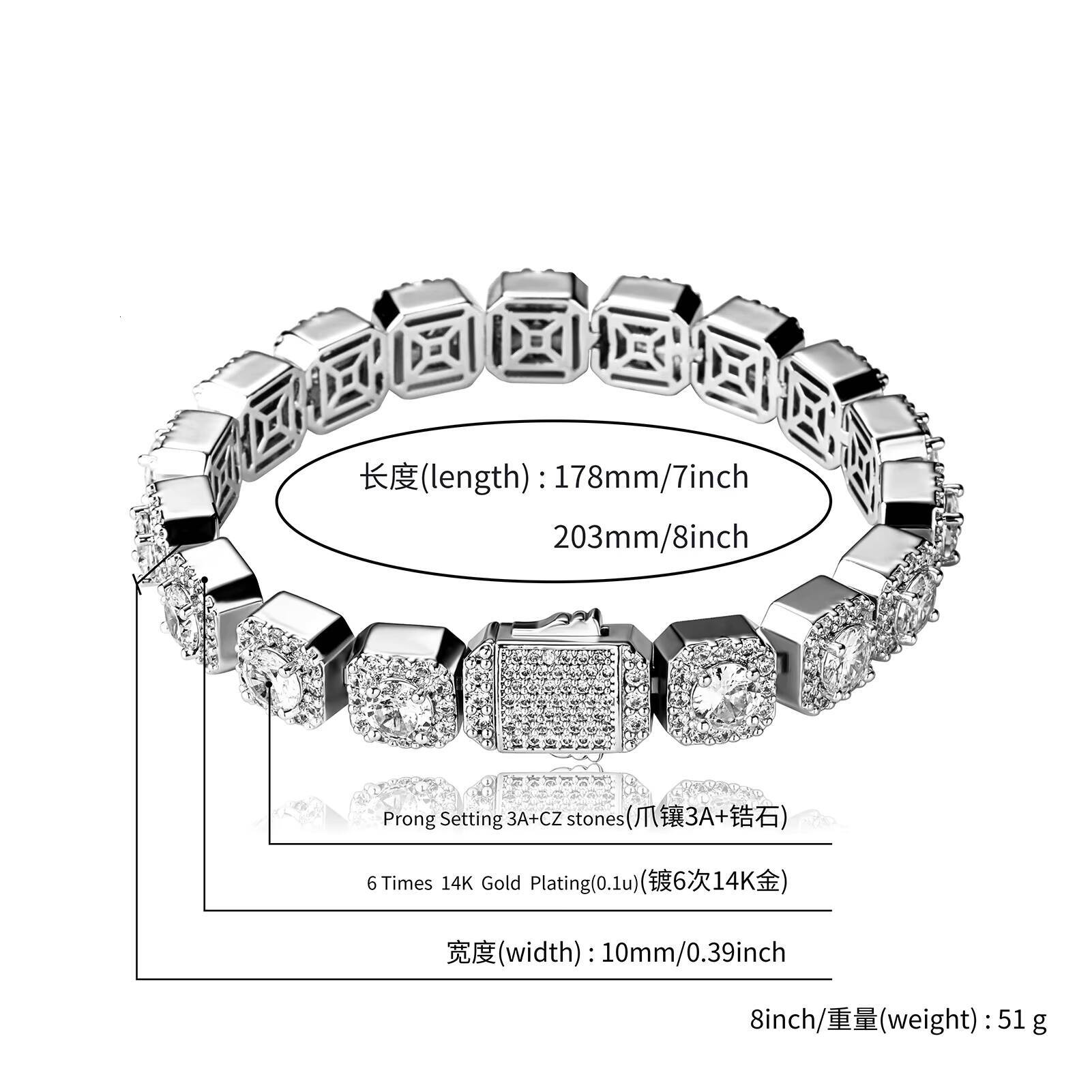 Wholesale Hip Hop Necklace 10mm Zircon Brass Cube Sugar Diamond Tennis Bracelet Necklace