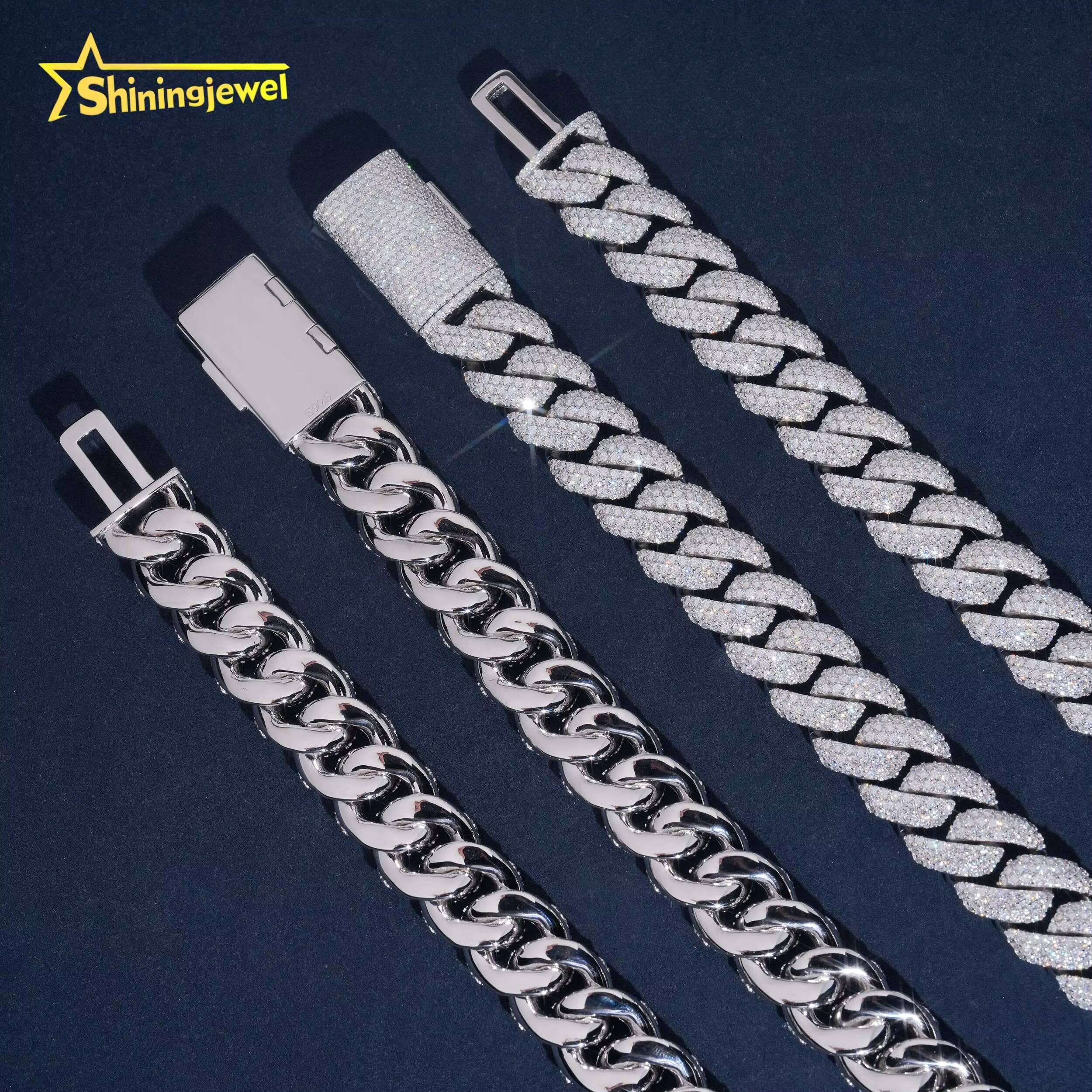 16mm 3Rows Iced Out Cuban Link Chain Rapper Men Jewelry 925 Silver Round VVS Moissanite Diamond Miami Cuban Bracelet Necklace