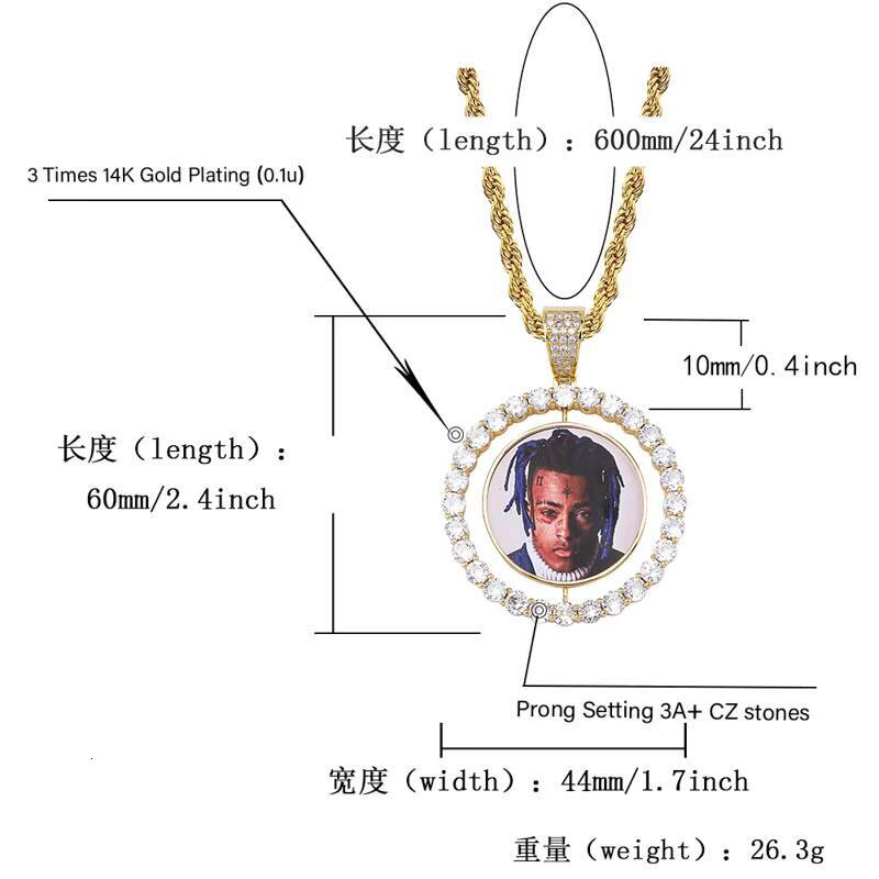 Fashion Hip Hop Memory Brass Zircon Rotatable Double Sided 1.7 Inches Circular Photo Pendant