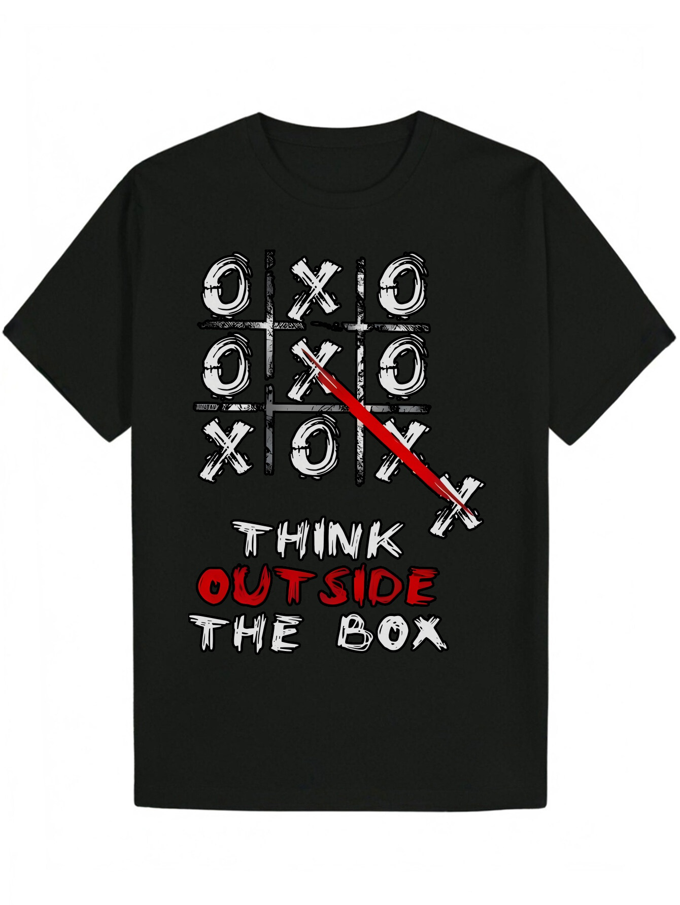 Summer Casual T-Shirt, 100% Polyester Crew Neck, with "for THINK Outside the Box" Pattern Design, Regular Fit, Slightly Stretchy Fabric, Gra