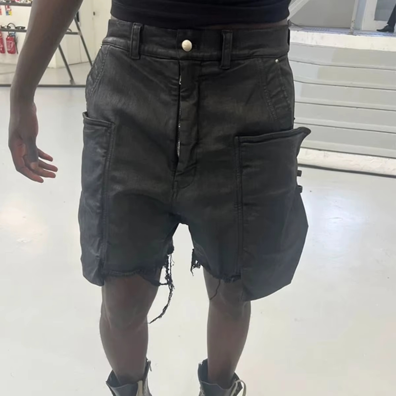MIJKO Streetwear New Summer Brush Wax Coated Denim Shorts with Rough Edges Mens Vintage Black Frayed Baggy Jeans Oversized Loose Short