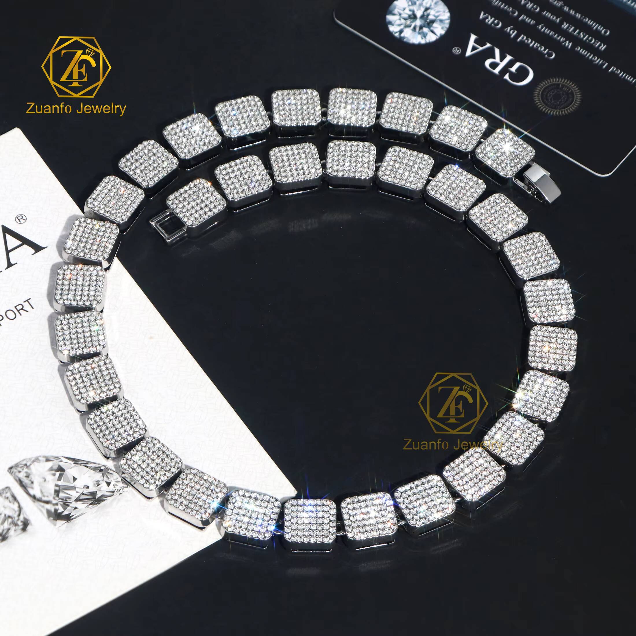 Latest Design Gra Certified Square Moissanite Necklace Ice Out Hiphop Jewelry 925 Solid Silver Moissanite Tennis Link Chain