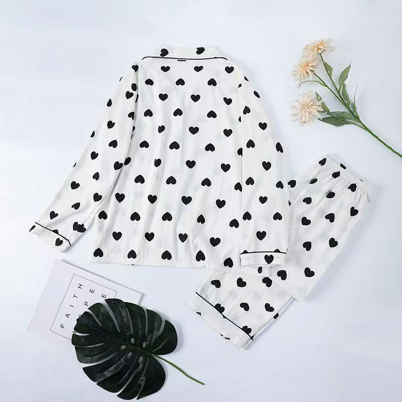 2025 Girls' New Autumn and Winter Pajama Set, Open-Front Long-Sleeved Top and Long Pants Two-Piece Set with Heart Print, Comfortable Home Wear Su