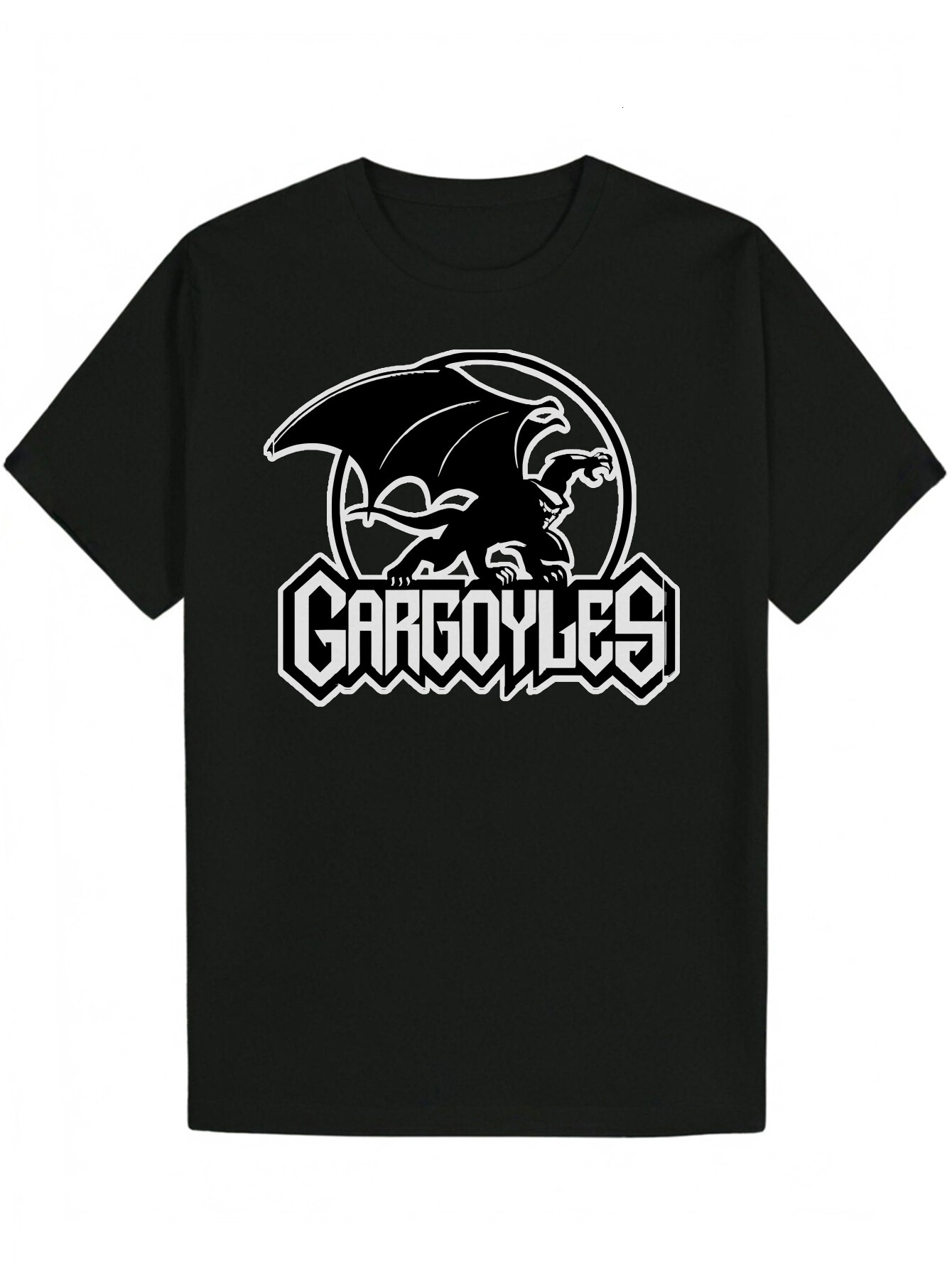 Men's T-Shirt with Dragon 'GARGOYLES' Pattern - Black Polyester, Round Neck, Lightweight and Breathable, Perfect for Wear, Summer Casua