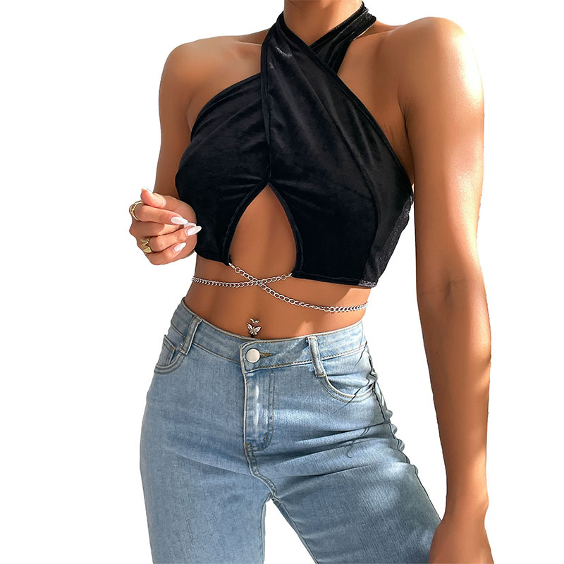 DW50010 Women's Tanks Camis Summer European and American Neck Hanging Vest Solid Color Sexy Women's Clothing Polyester Velvet Chain